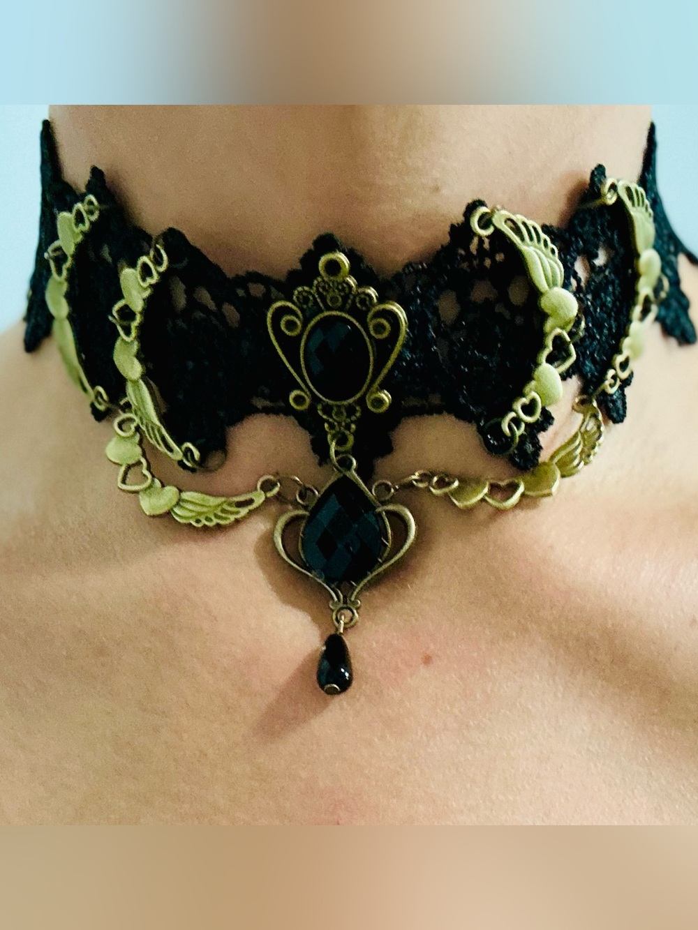 Gothic Black Lace Metal Statement Choker Necklace Oval Stones Teardrop NWT